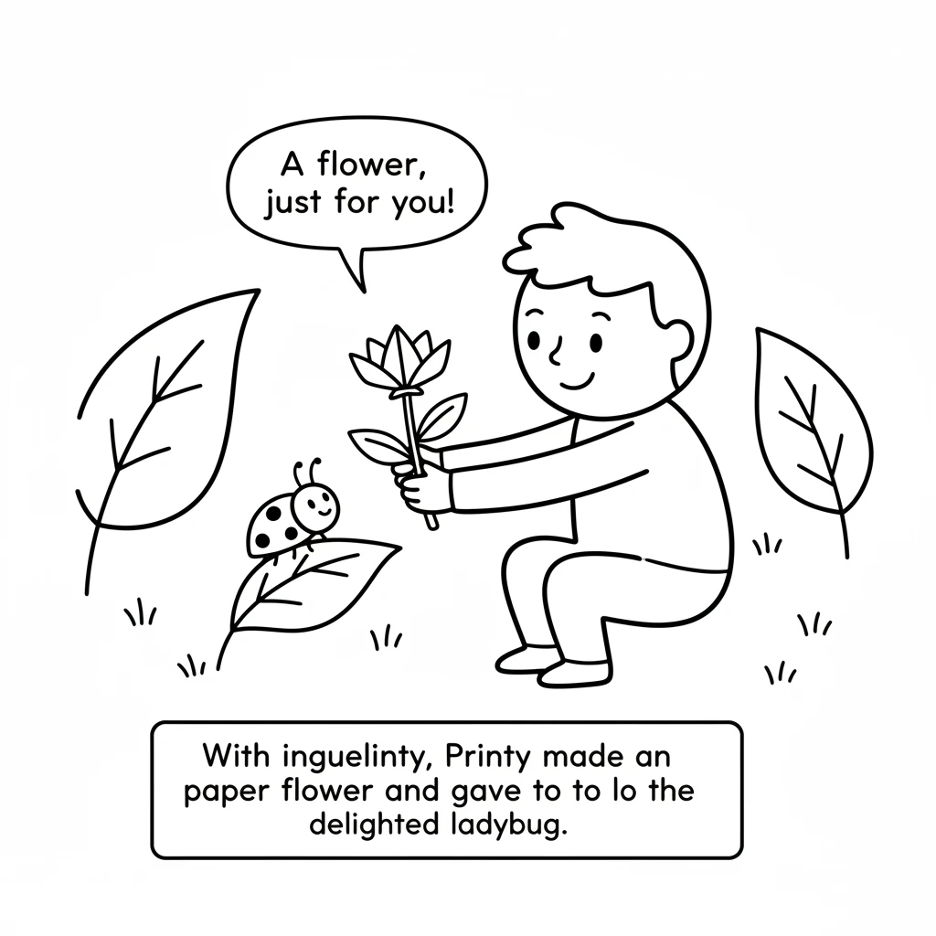 With a little ingenuity and some clever folding, Printy managed to create a beautiful paper flower. They carefully handed it to the delighted ladybug.