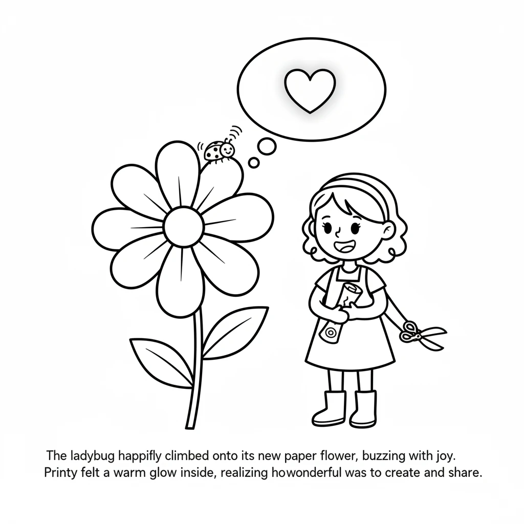 The ladybug happily climbed onto its new paper flower, buzzing with joy. Printy felt a warm glow inside, realizing how wonderful it was to create and