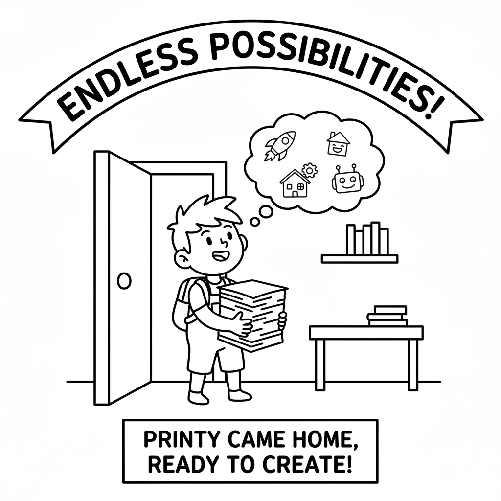 Printy returned home, their heart full of new ideas. They couldn't wait to print more wonderful things for all their friends. Every blank page now hel