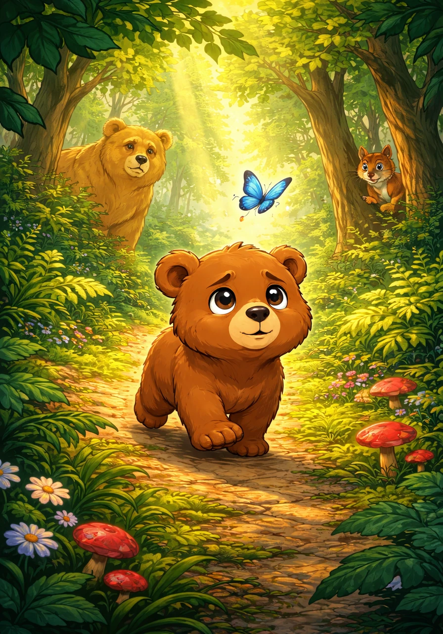 Barnaby the bear cub followed a fluttering blue butterfly deep into the thicket, unaware that his mother's footsteps were fading behind him. The sunlight filtered through the tall emerald leaves, casting dancing shadows on his soft brown fur as he wandered further away.