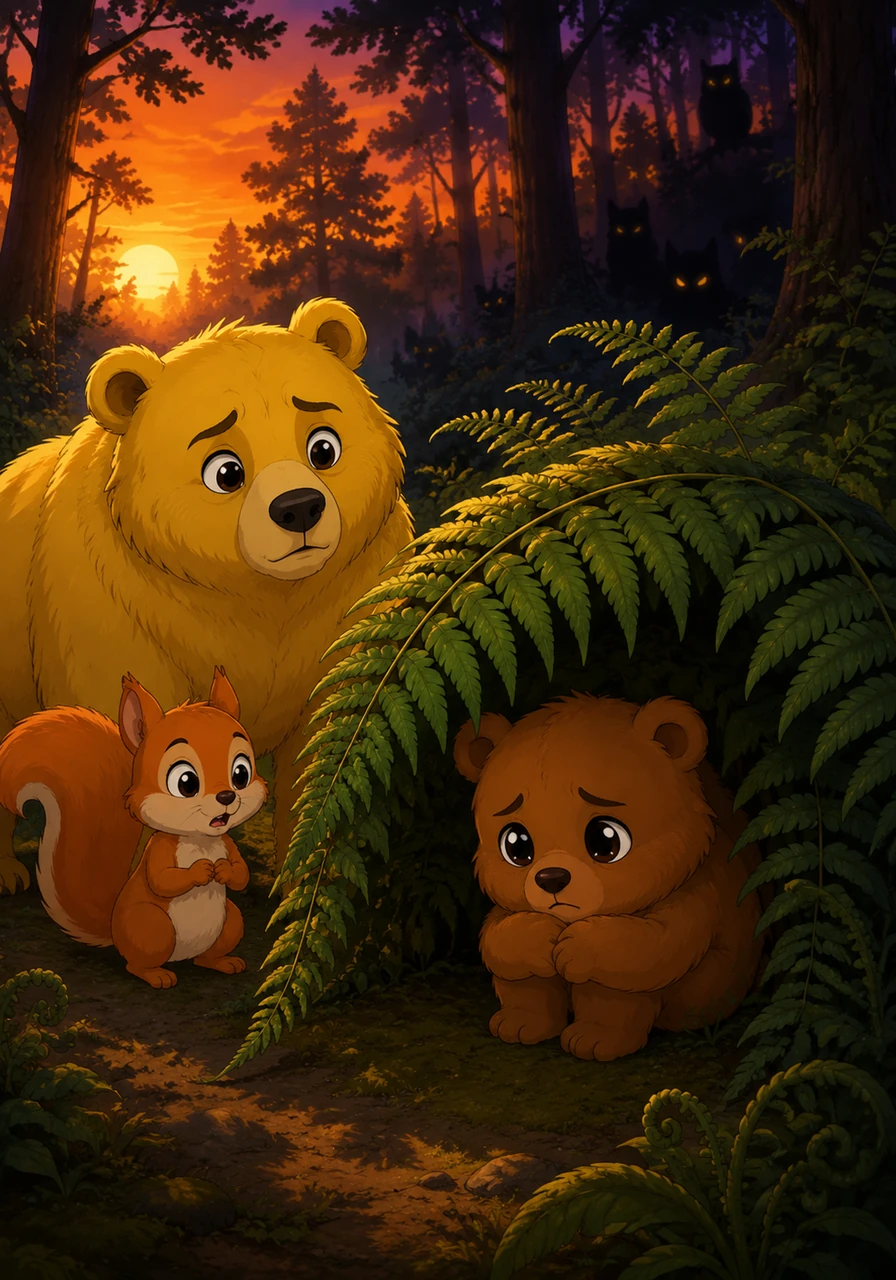 As the golden sun began to set, the forest transformed into a world of long shadows and strange noises. Barnaby tucked his paws under his chin and huddled beneath a giant fern, feeling smaller than he ever had before.