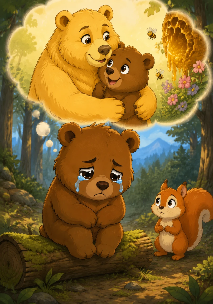 Big, salty tears rolled down Barnaby's fuzzy cheeks as he realized he was truly lost in the vast unknown. He sat on a mossy log, his heart heavy with sadness, wishing for the warmth of his mother’s soft fur and the smell of wild honey.