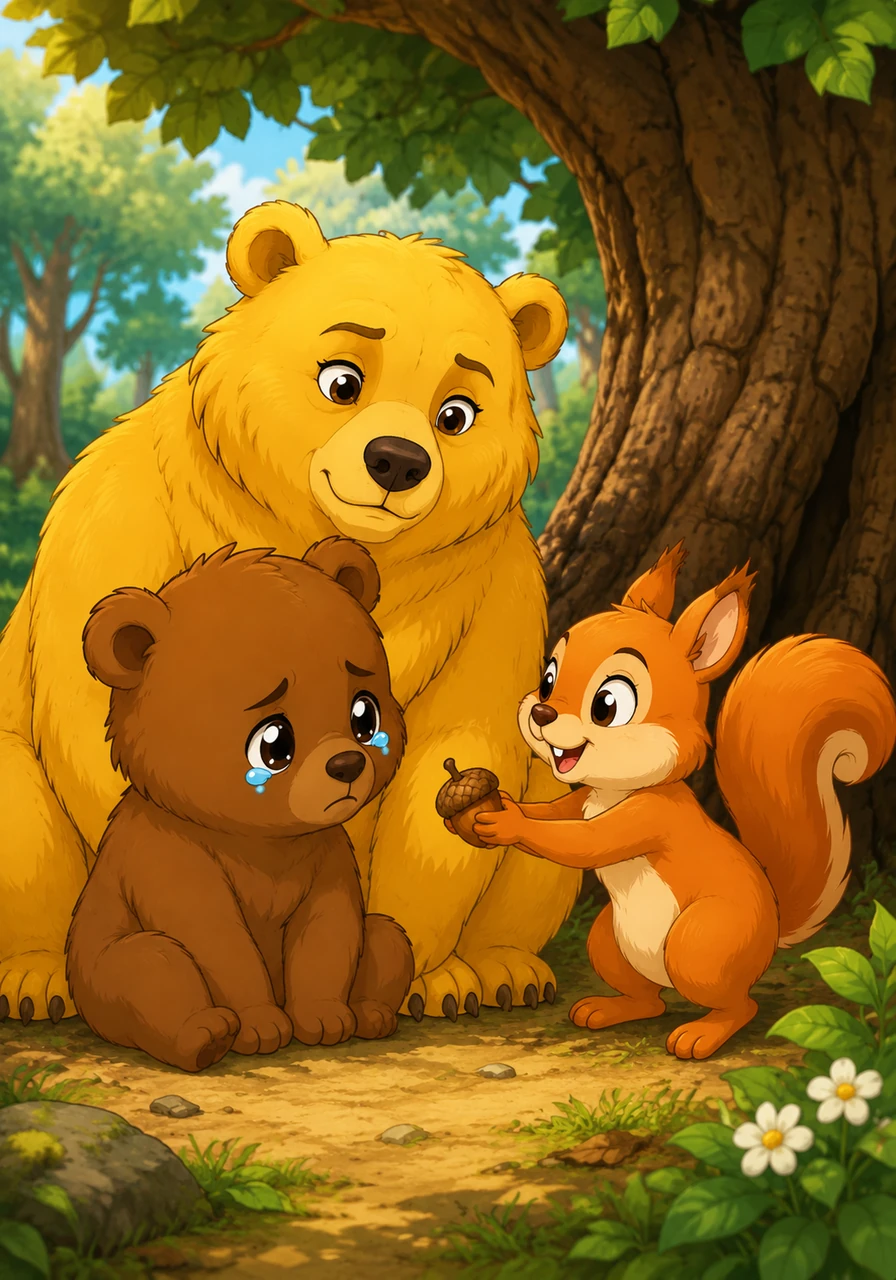 A friendly squirrel named Squeak scampered down from an oak tree, offering a small acorn to the weeping cub. While the snack didn't fill Barnaby's tummy, the kind gesture made the big, scary forest feel just a little bit friendlier.