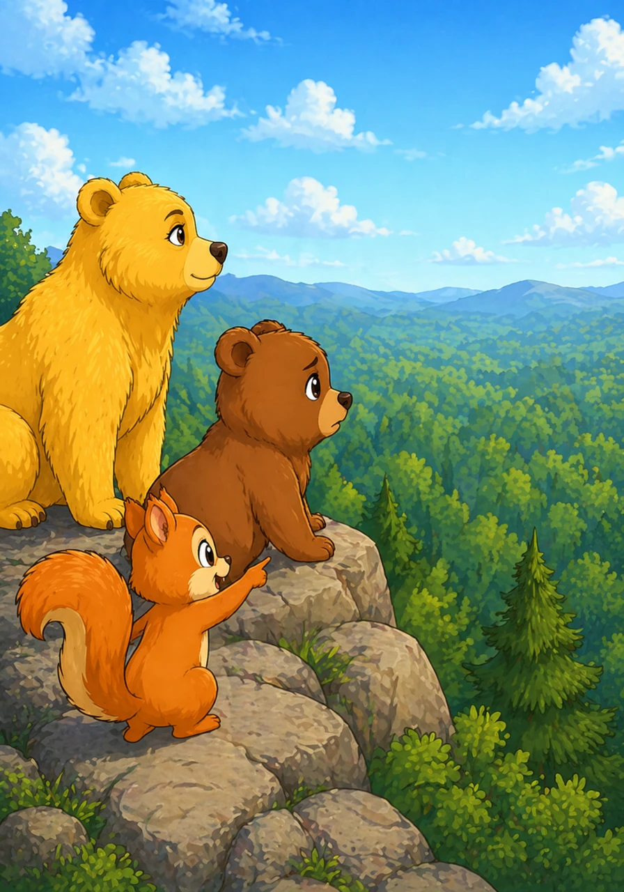 Squeak led Barnaby to a high rocky ridge so they could look over the endless sea of trees. Barnaby looked out at the horizon, his eyes searching for any sign of the familiar clearing where his family slept, but everything looked different from so high up.