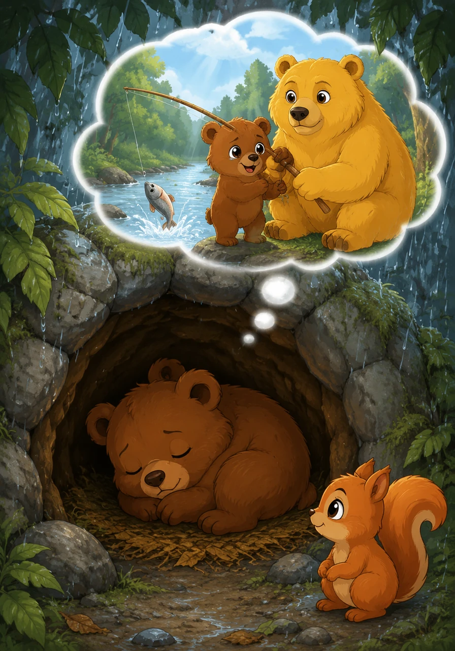 A gentle silver rain began to fall, pattering against the leaves like a soft lullaby. Barnaby found a small, dry cave and curled into a tight ball, dreaming of the day his mother taught him how to catch fish in the sparkling stream.