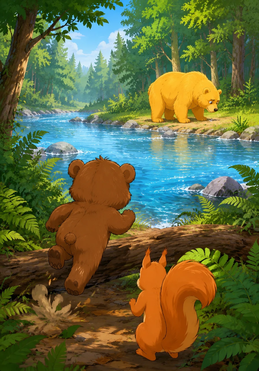 Barnaby raced through the ferns and over fallen logs, his little legs moving as fast as they could toward the sound. He reached the bank of a shimmering river and saw a familiar golden figure standing on the opposite shore, searching the water's edge.