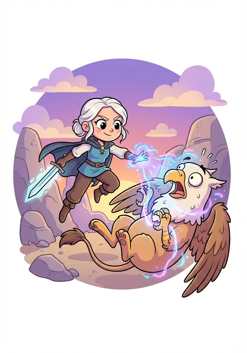 Cirilla confronts the source of the darkness, a monstrous Griffin terrorizing the countryside. In a climactic battle, she combines her swordsmanship and magic to defeat the beast, saving the kingdom of Rivia.