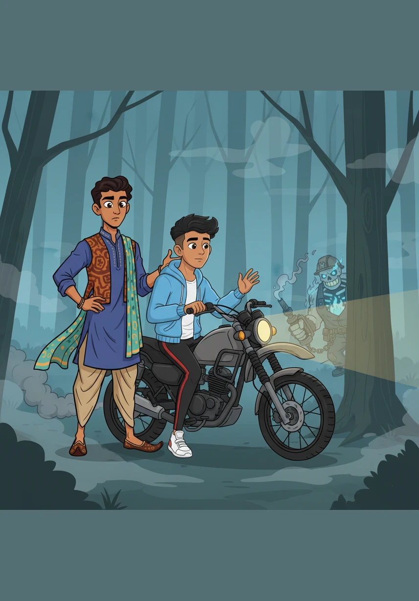 Arjun and Rahul ride their motorcycle through the dense, fog-choked forest, the only sound being the struggling engine. Suddenly, the bike lets out a final, metallic wheeze and dies, leaving them stranded in the oppressive silence of the night.