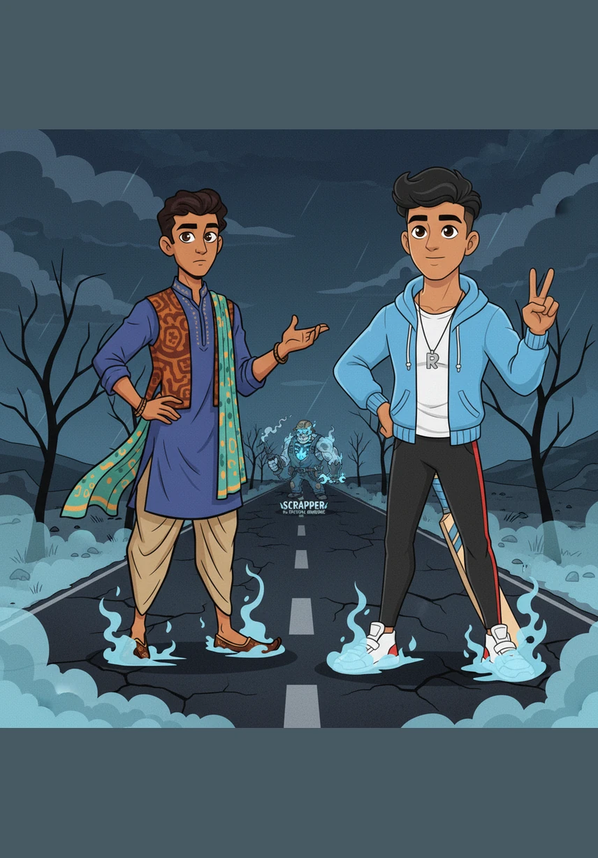 They stand on the dark road, the cold blue-grey mist swirling around their ankles as they inspect the dead machine. Through the trees, a flickering warm light catches Arjun's eye, revealing a dilapidated mechanic shop with a rusted sign swaying in the wind.