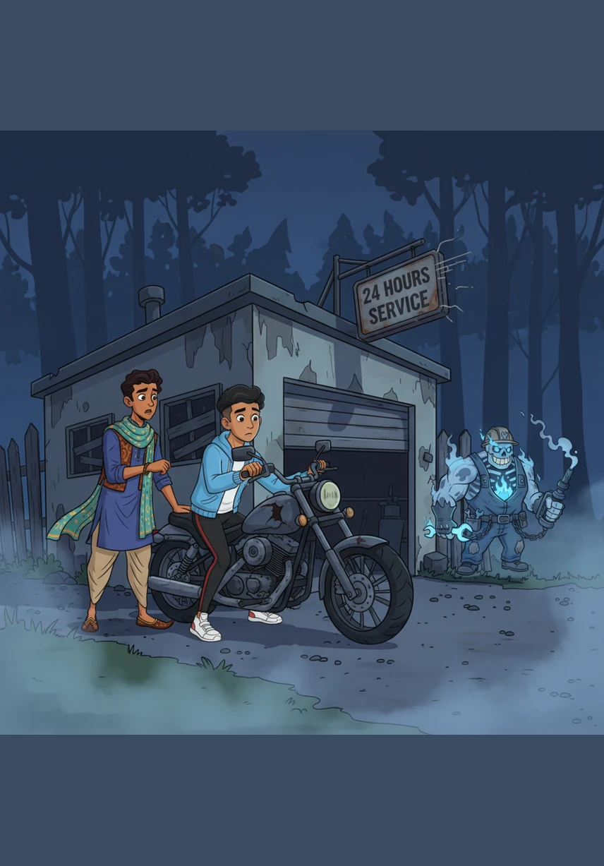 They push the heavy motorcycle toward the building, the 24 HOURS SERVICE sign creaking rhythmically like a heartbeat in the void. Arjun feels a sudden, sharp chill, noticing that the crickets and owls have gone completely silent as they approach the gravel driveway.