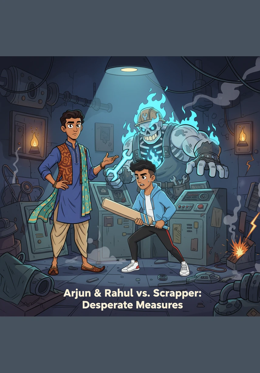 The shop is a graveyard of rusted metal and oil-stained concrete, smelling strongly of ancient smoke and old rubber. Inside, the flickering overhead light casts long, dancing shadows that seem to move independently of the junk piles creating them.