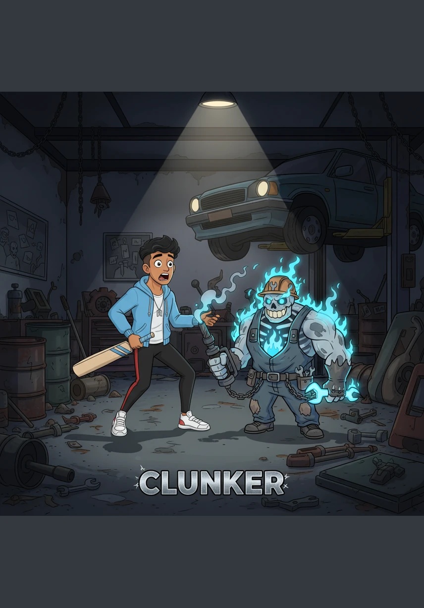 Rahul calls out into the darkness, his voice tight with fear, but only the sound of dripping oil answers his plea. From the back of the garage, a heavy, dragging footstep echoes against the floorboards, drawing closer with agonizing slowness.