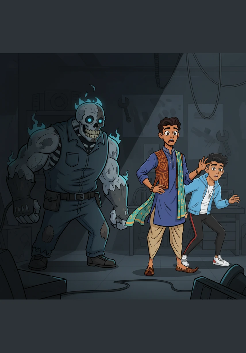 A hulking figure emerges from the gloom, wearing a tattered mechanic’s jumpsuit that hangs off a skeletal, charred frame. Arjun gasps as the light hits the man, revealing a face half-melted and skin that looks like cracked, blackened parchment.