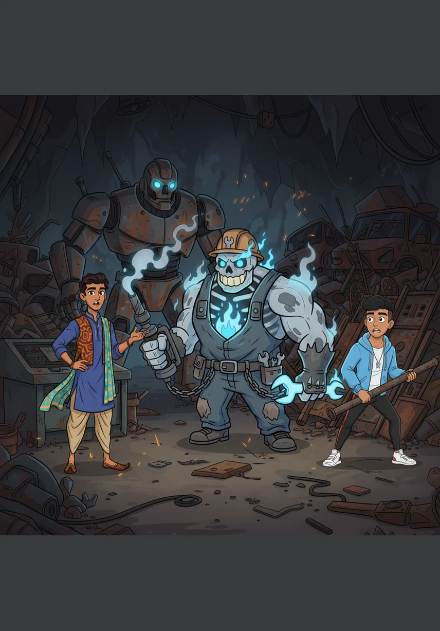 One of the mechanic’s eyes glows with a sickly, inner light, staring intensely at the two terrified young men. Small, persistent flames lick at his shoulders and chest, yet he doesn't seem to feel the heat as he reaches out a blackened, fused hand.