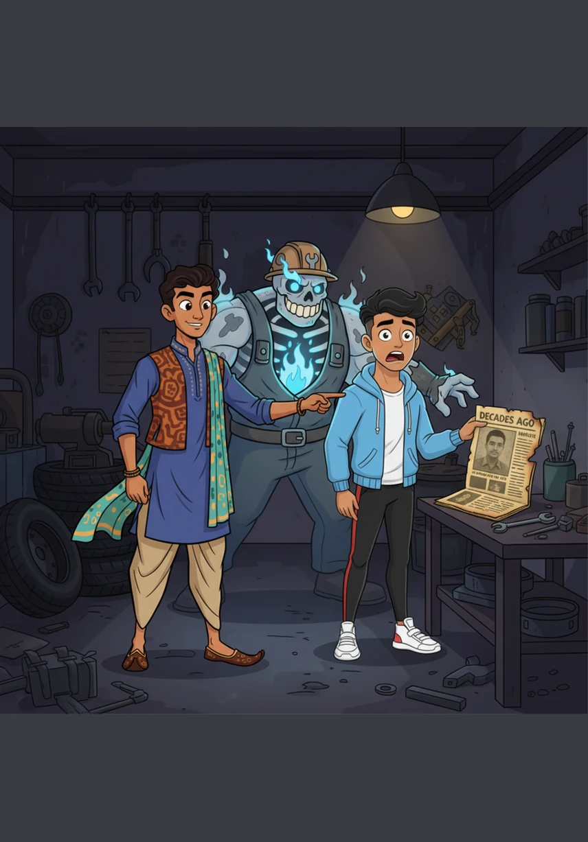 On the workbench nearby, Arjun notices an old, scorched newspaper clipping detailing a horrific fire that claimed the shop decades ago. The photo of the owner matches the nightmarish figure standing before them, his hand now inches from Rahul’s trembling shoulder.