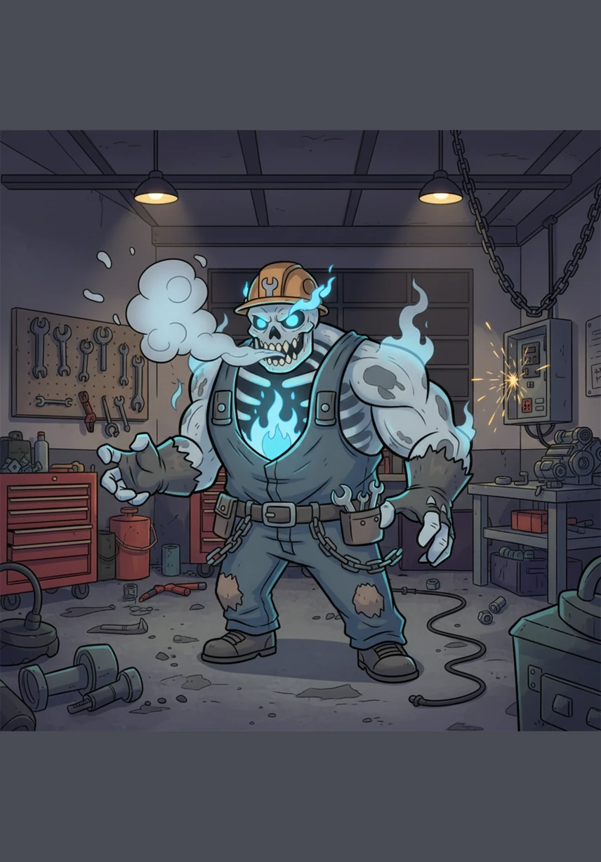 The ghost lets out a low, raspy hiss that sounds like steam escaping a broken pipe, and the temperature in the room begins to skyrocket. Panic takes over, and the two friends scramble backward, their boots sliding on a sudden patch of hot, bubbling grease.