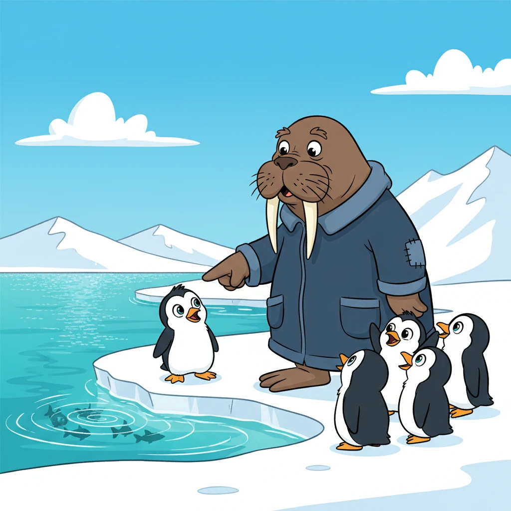 One sunny morning, the older, wise walrus, Walter, was trying to explain a tricky fishing spot. All the young penguins chattered over each other, but Pip decided to just listen, his head tilted, eyes wide. He heard Walter's secret tip clearly.