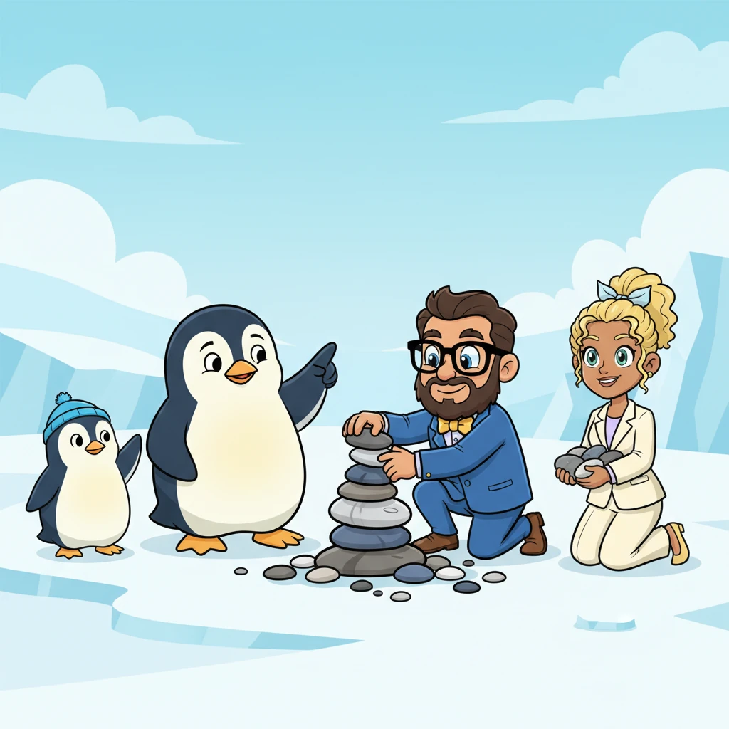 During a game of fish-toss, a big penguin accidentally knocked over Pip’s carefully stacked pebble tower. Pip felt a surge of frustration, but instead of yelling, he took a deep breath. He calmly pointed out the accident, and together, they rebuilt the tower even better.