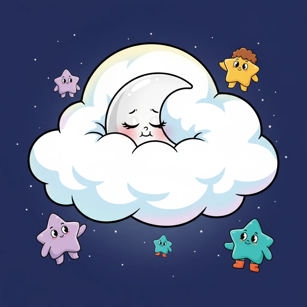 Luna, the magnificent moon, felt a blush creep over her silvery surface. She was so bright, and everyone was always looking! With a soft sigh, she snuggled deep into a giant, fluffy cloud, trying to disappear. Only a tiny sliver of her crescent peeked out, a shy smile hidden within the soft white fluff.