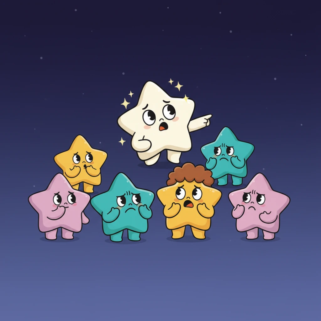 High above, the twinkling stars began to notice. "Where's Luna?" whispered Nova, a big, sparkly star, looking around with wide, concerned eyes. All the other stars stopped their playful dances, their little faces frowning as they searched the vast, dark canvas of the sky. The night felt a little dimmer without their best friend.