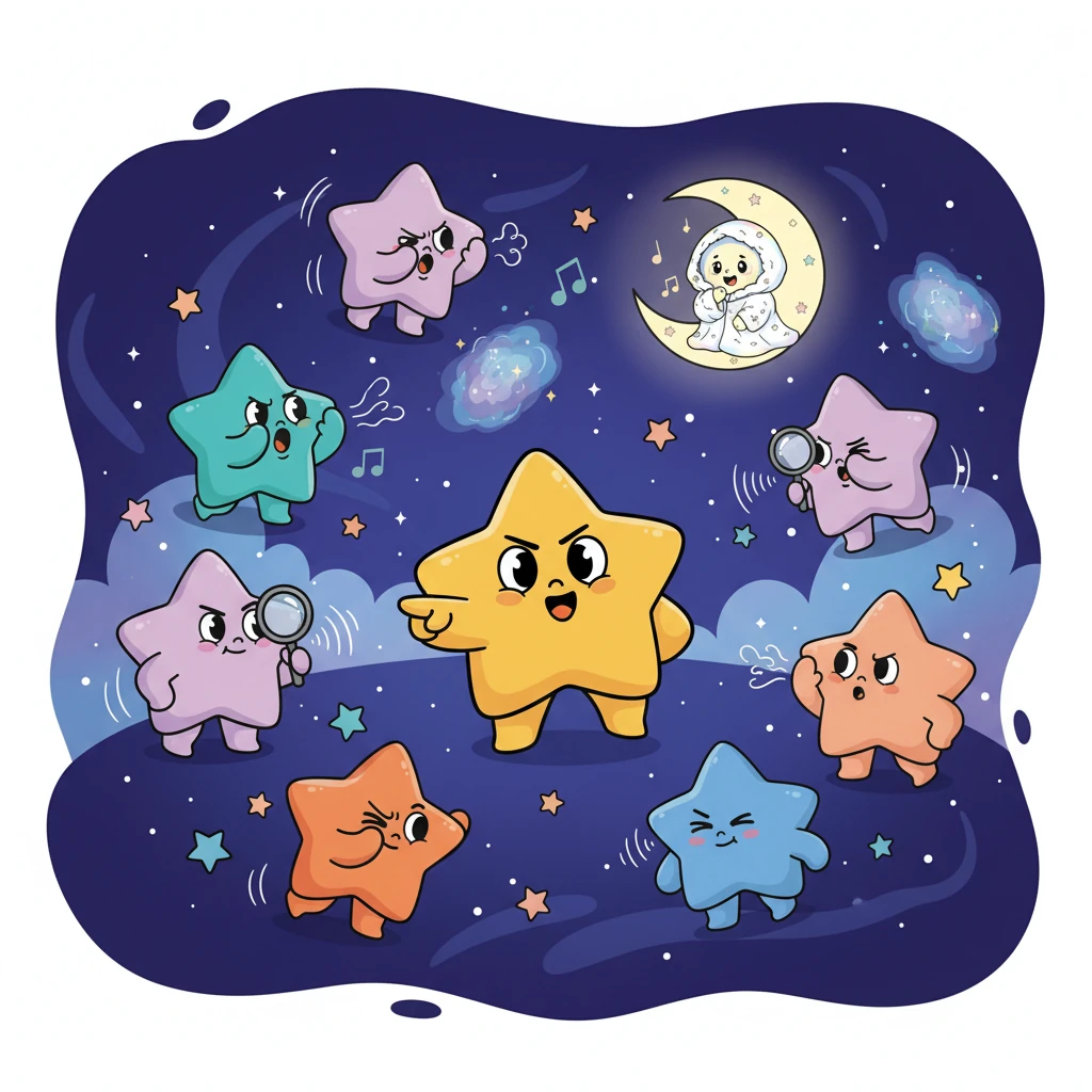 A brave little star named Twinkle, no bigger than a firefly, zipped forward. "We must find her!" Twinkle declared, full of determination. The stars agreed, fanning out across the heavens like sparkling detectives, each one calling out "Luuunaaa!" in soft, musical tones.