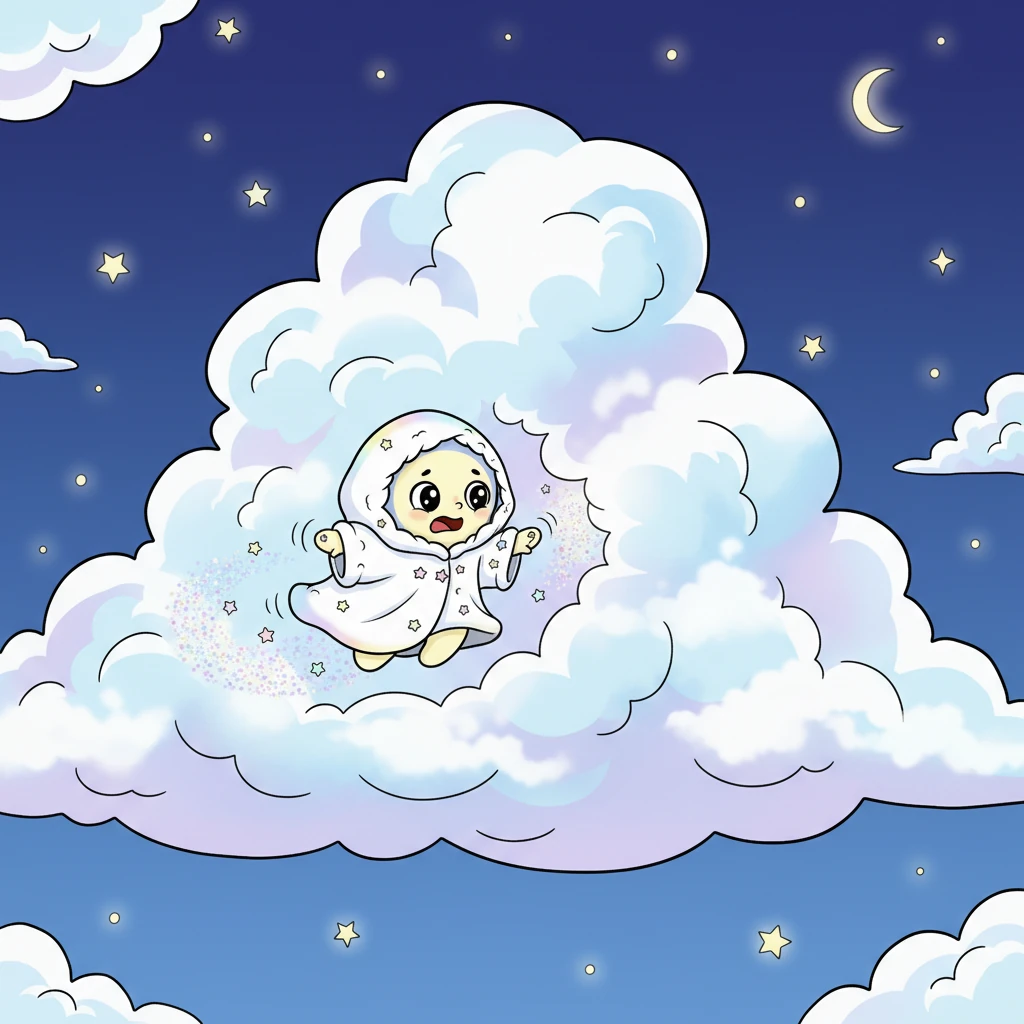 Twinkle, with a brave little gasp, decided to investigate the biggest, puffiest cloud of all. It looked so soft and inviting, a perfect hiding spot for a shy moon. With a flutter of stardust, Twinkle began to carefully float closer, wiggling through the misty edges.