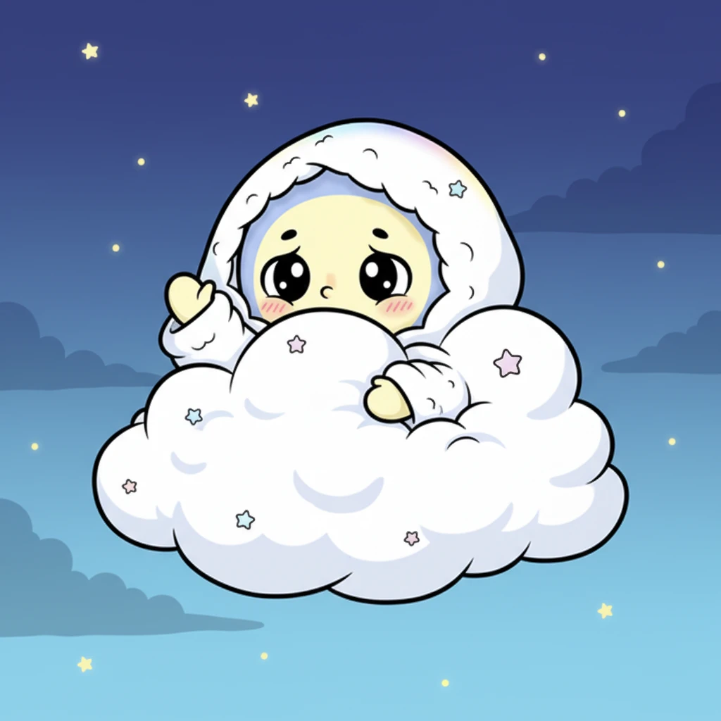 And there she was! Luna, curled up tight, her beautiful face half-covered by the cloud's edge, looking incredibly bashful. Her eyes were wide, and she gave a tiny, embarrassed wave to Twinkle. "Oh, hello," she whispered, her voice barely a breath.