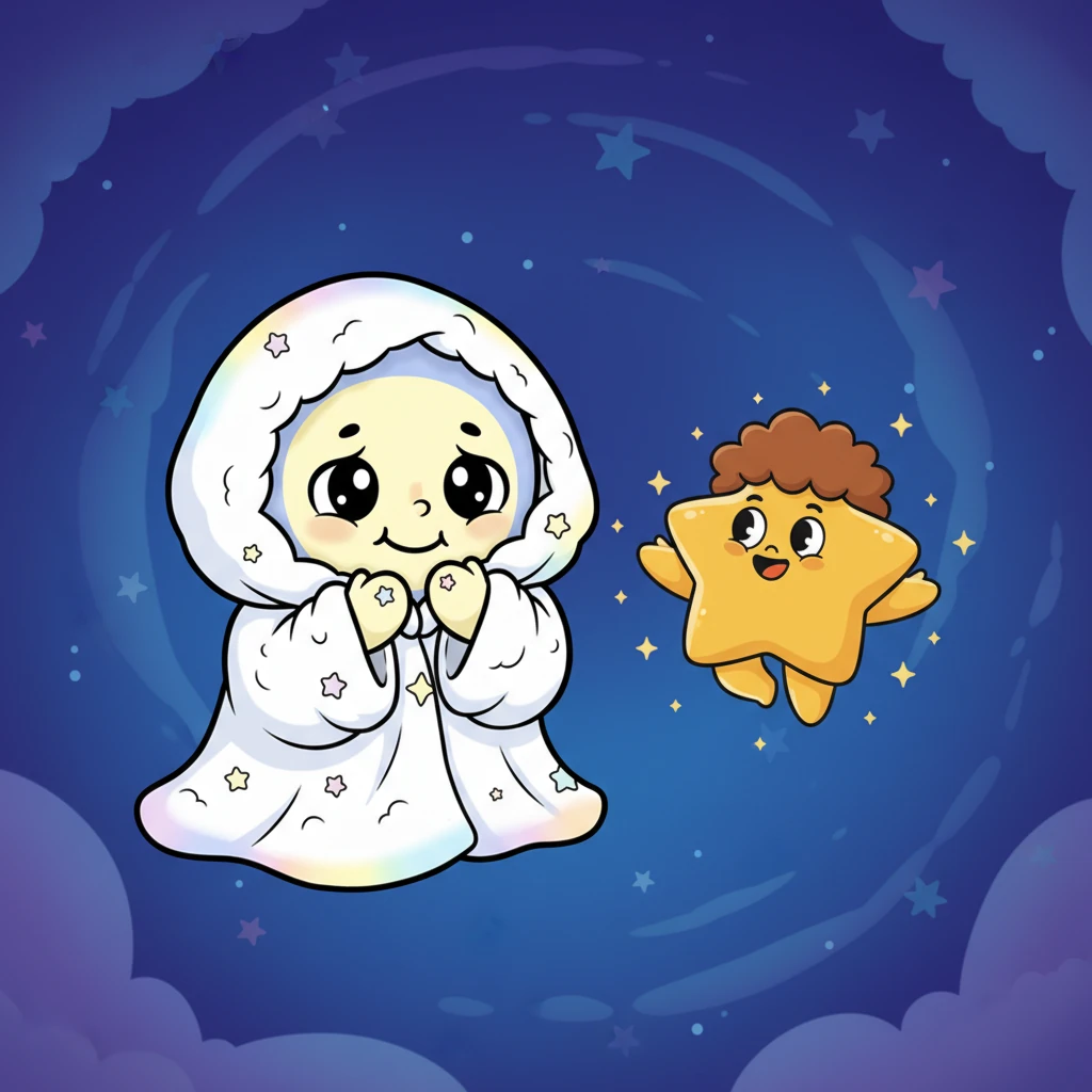 Twinkle floated right up to Luna, its little star-face beaming with warmth. "Luna, don't hide! We miss your beautiful glow," Twinkle chirped, its light sparkling encouragingly. "The night isn't the same without you shining brightly for everyone."