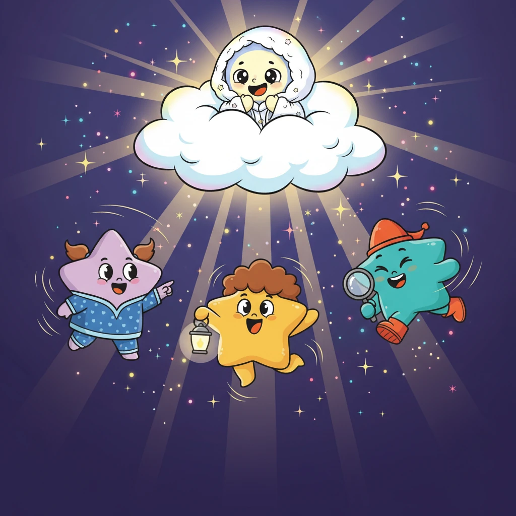 As Luna's light began to spill from behind the cloud, all the other stars erupted in joyful cheers! They twinkled and spun, their combined light creating a dazzling spectacle across the night sky. "Yay, Luna!" they sang in unison.