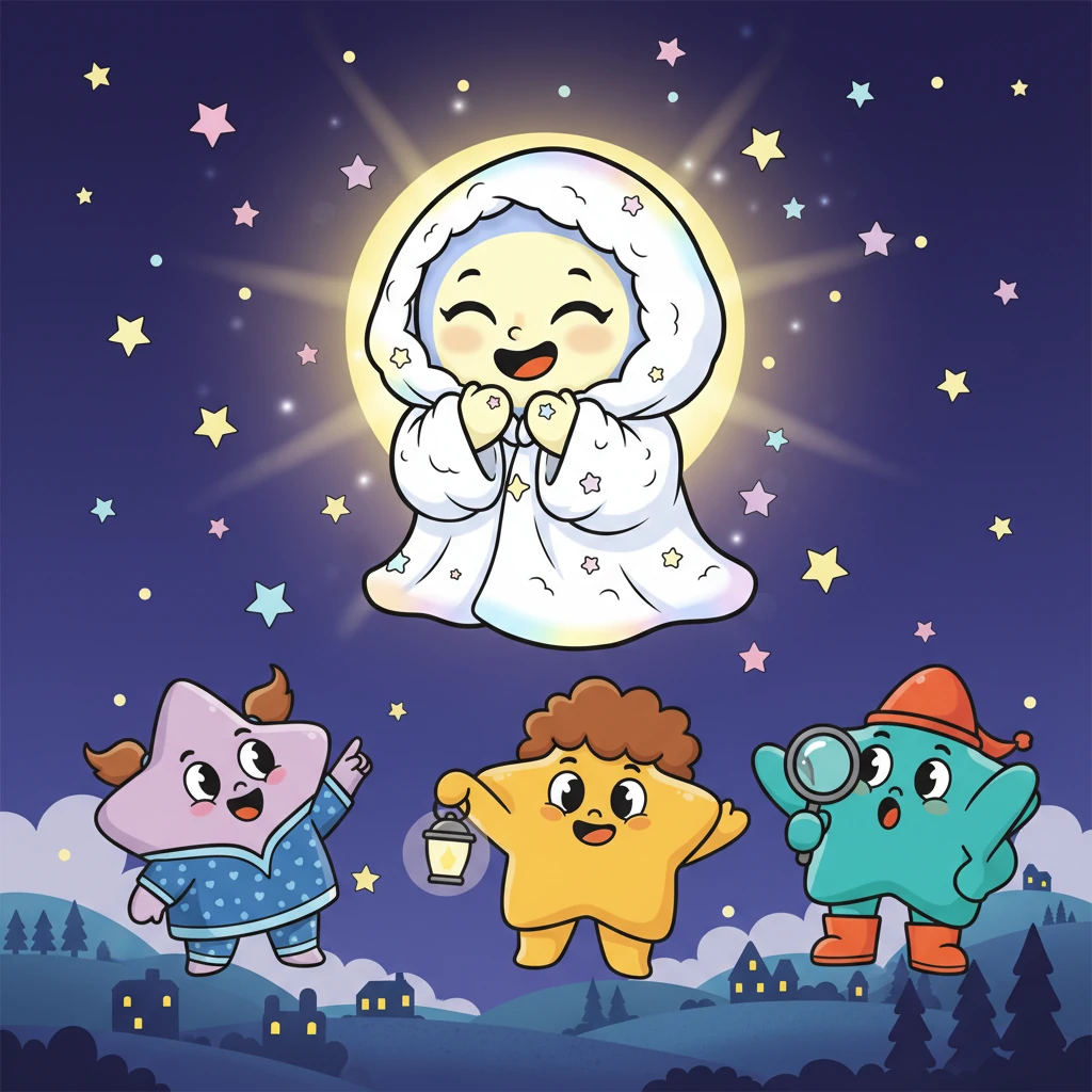 With a big, happy grin, Luna finally emerged, shining with all her magnificent might. She realized that her light wasn't just for her, but for all her friends and the world below. The night sky glowed brighter than ever, filled with the warmth of friendship and a brave, beautiful moon.