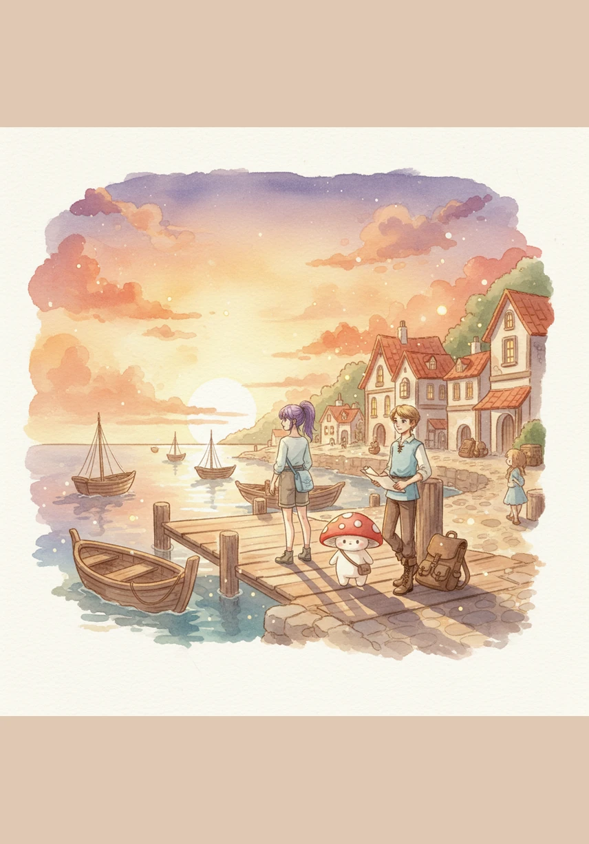 现实岸的海边小镇被夕阳染成了金橘色,但街道上的人们却失去了往日的欢笑与泪水,变得如同精致的空壳。少女莉亚背着她那印有苹果图案的斜挎包,站在码头边,感受着空气中弥漫的冷漠与寂静。