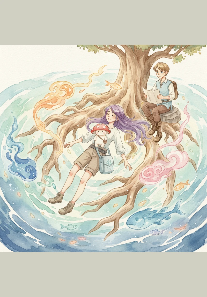 莉亚在睡梦中坠入了一片由情绪汇聚而成的潜意识大海,在宏伟的苹果灯塔下,她发现了一个从石缝中长出的、散发着微光的蘑菇仔。这只小小的生灵感受到了莉亚内心的真诚,它跳上她的肩头,成为了她在这片幻境中唯一的伙伴。