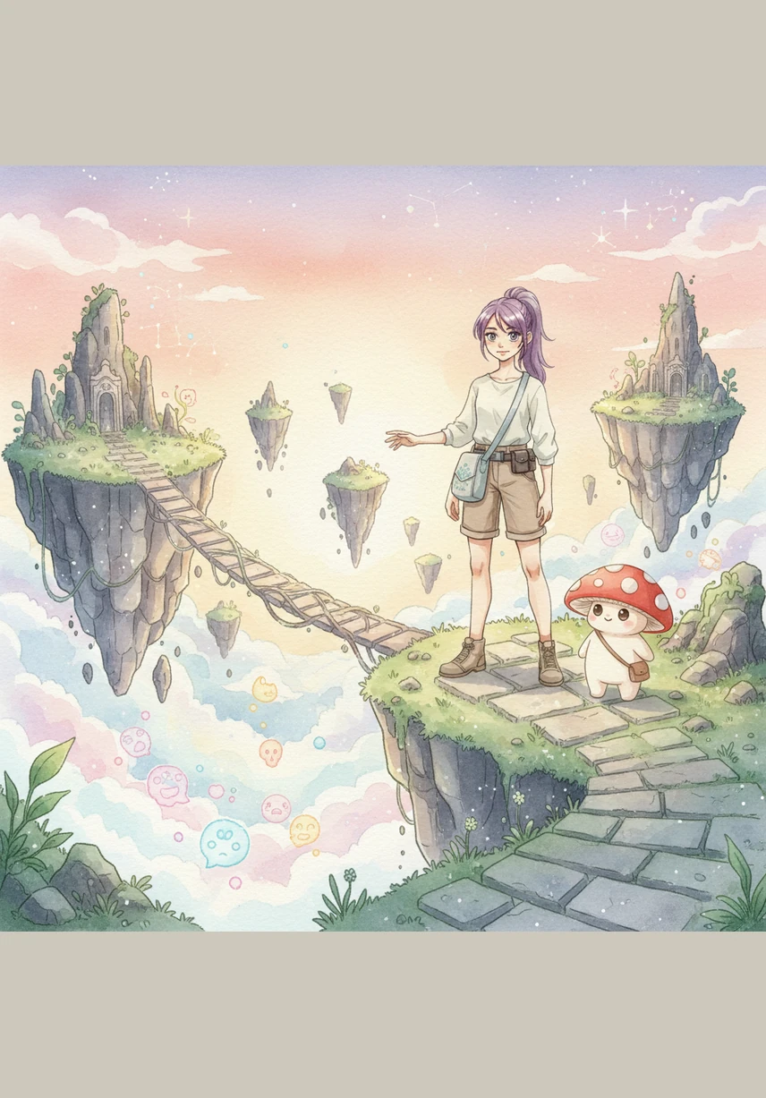 莉亚带着蘑菇仔穿行在意识岛链之间,这些漂浮的岛屿代表着人们不同的性格与坚持。蘑菇仔挥动着透明的孢子羽翼,将周围压抑的负面情绪转化为绚丽的极光,为莉亚照亮了通往深海的隐秘航道。