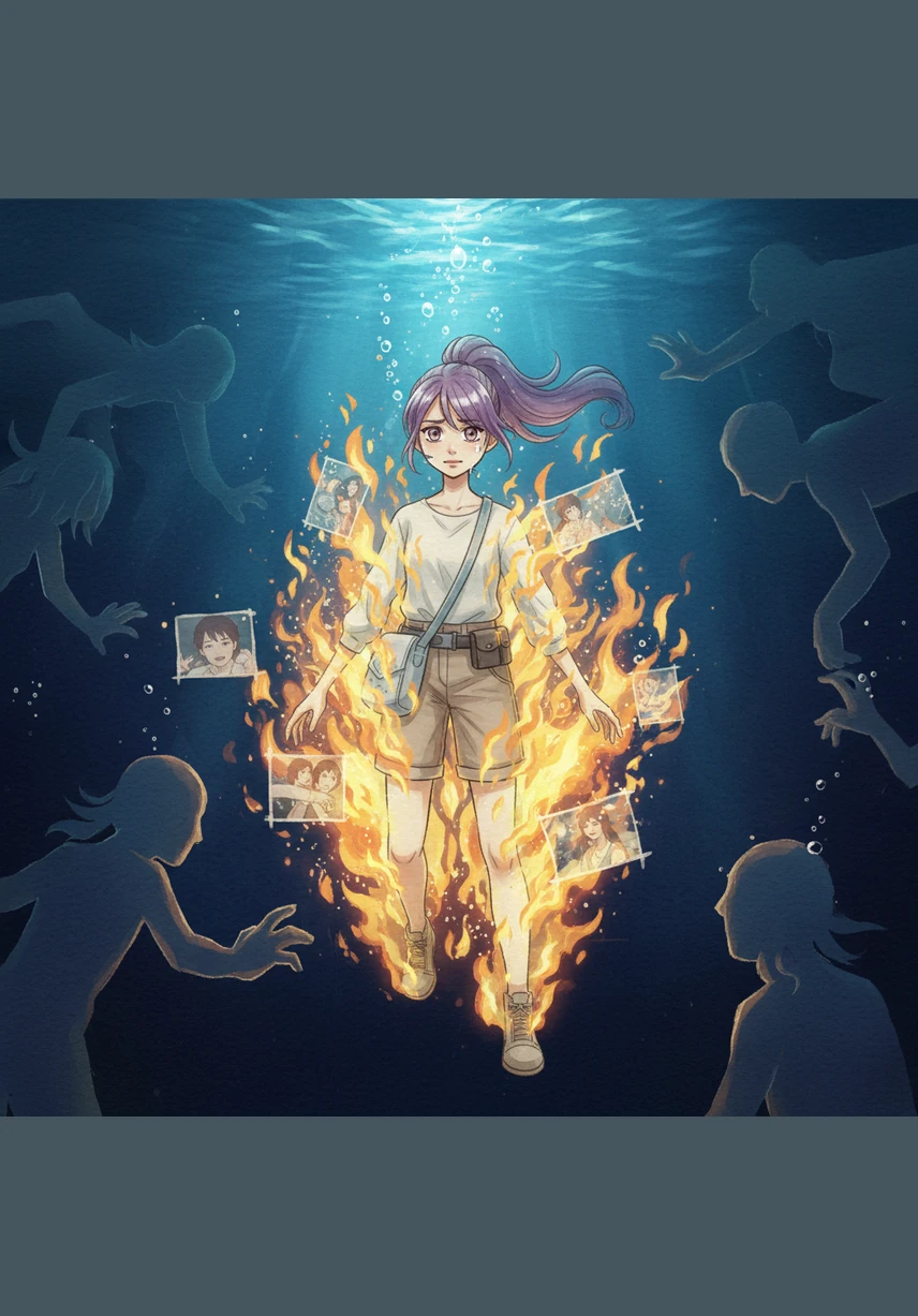 莉亚毅然跃入深邃的回声坠海,周围充满了无数未曾说出口的告别与遗憾,试图将她拖入深渊。在令人窒息的黑暗中,她回想起每一个被爱、被理解的瞬间,这些记忆化作温暖的火焰,驱散了周围的阴霾。