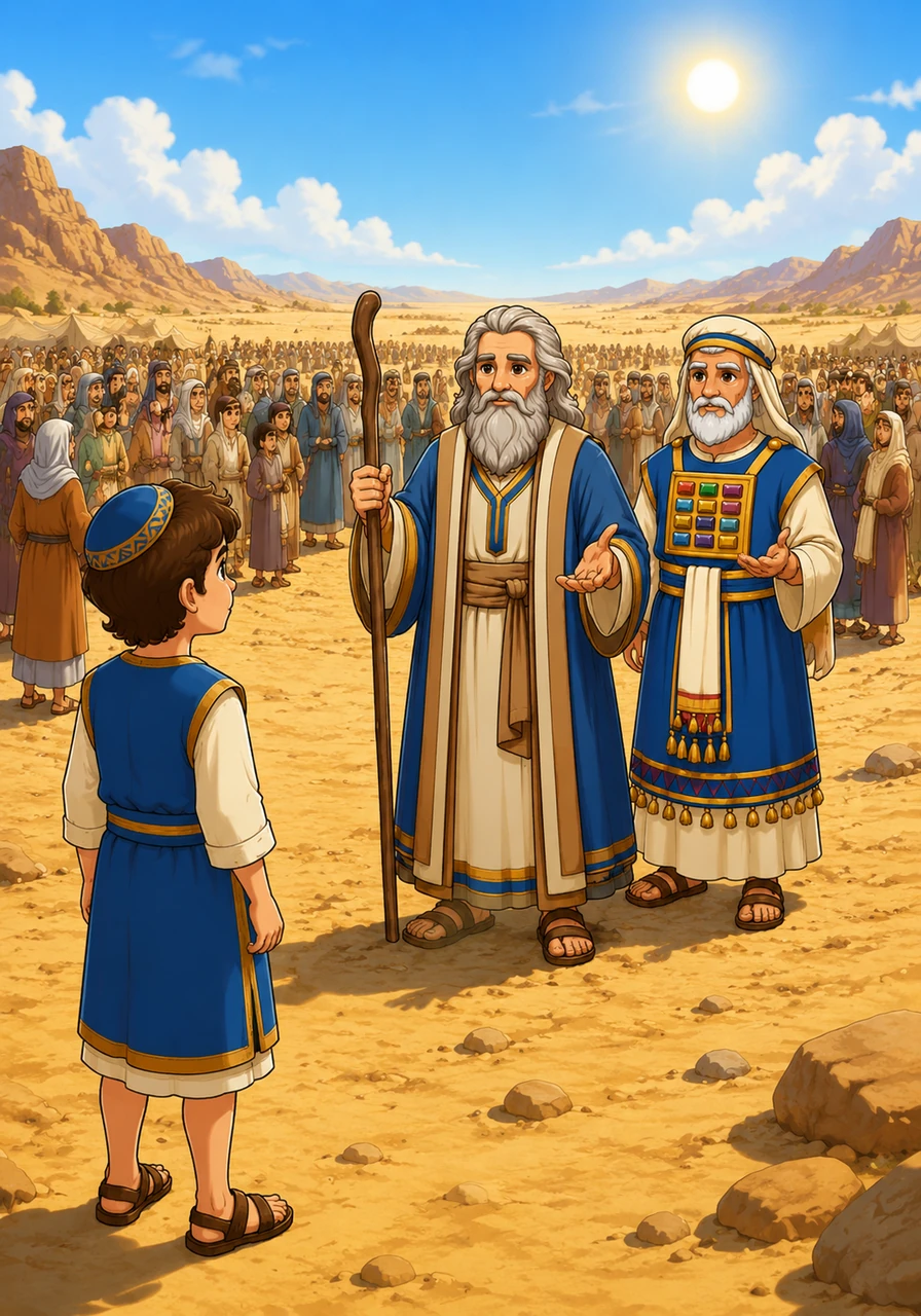 The golden sands of the Sinai desert stretch to the horizon under a brilliant morning sun. Young Eliav watches as Moses and Aaron begin the sacred task of counting the people, ensuring every family has its place in the great assembly.