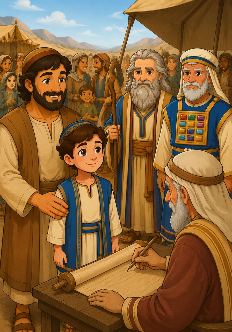 Families gather together, sharing smiles and stories as they are recorded in the great census. Eliav stands tall beside his father, feeling the strength of his community and the importance of his own name within the vast nation.