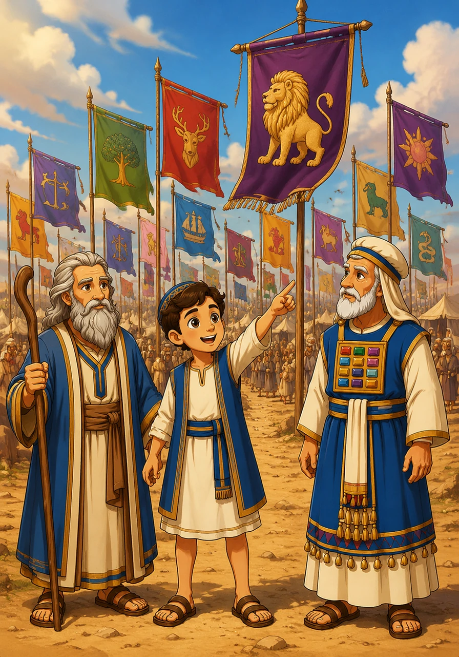 Vibrant flags begin to rise above the desert floor, each one representing a different tribe with its own unique color and symbol. Eliav points to the banner of Judah, a majestic lion stitched in thread that glimmers in the heat.