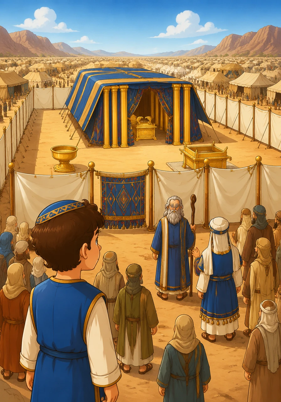At the very center of the vast camp, the Tabernacle stands as a holy sanctuary adorned with gold and woven tapestries. Eliav observes the quiet reverence of the people as they look toward the heart of their community and their faith.