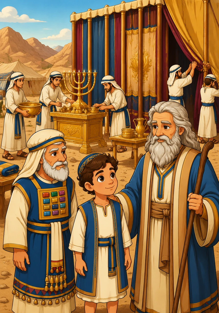 The Levites move with purpose and grace, carefully tending to the sacred vessels and the structure of the Tabernacle. Eliav learns that even in the middle of a wild desert, there is a special place for beauty, order, and prayer.