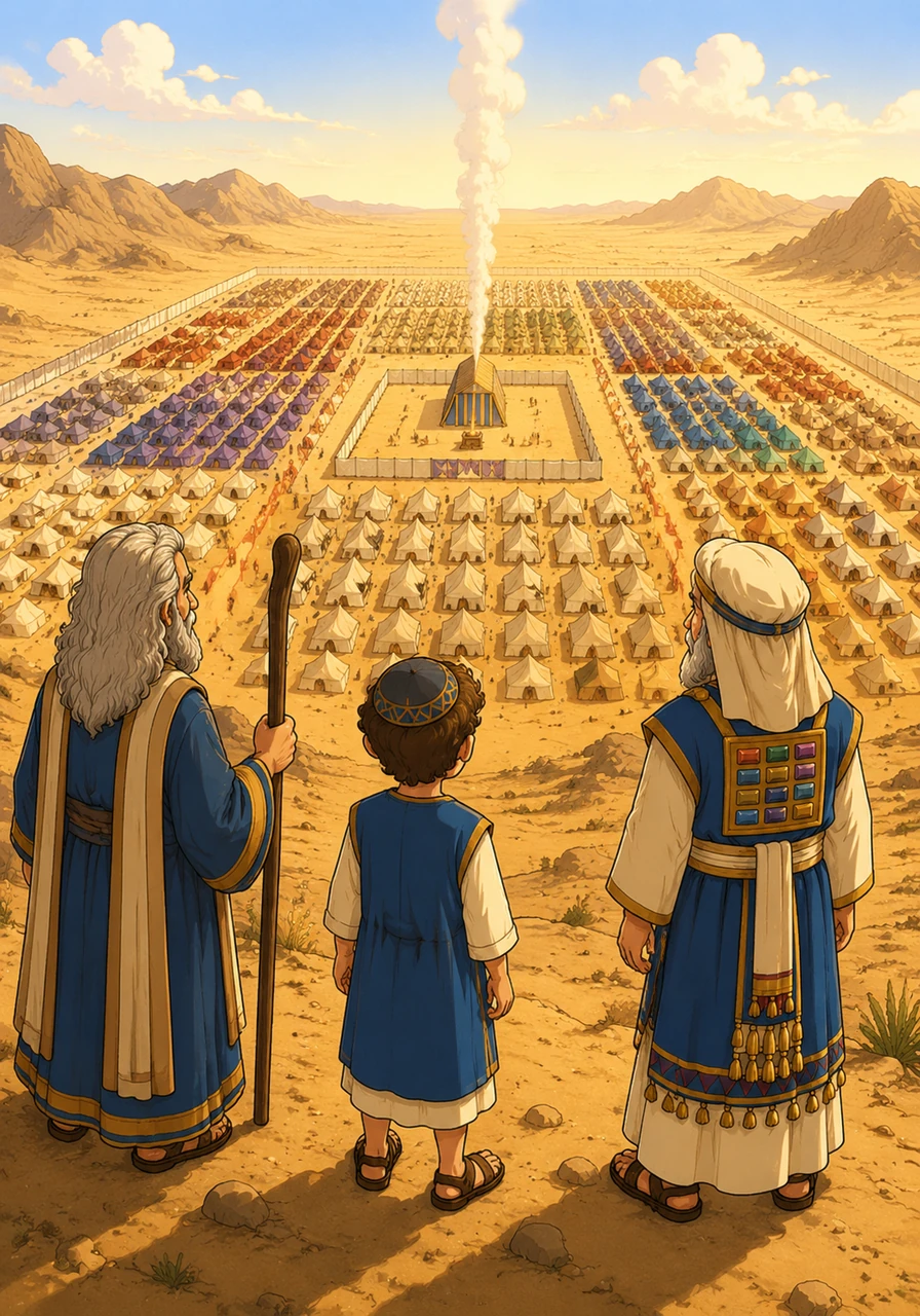 The camp is arranged in a perfect square, with three tribes stationed in each of the four directions around the sanctuary. From the top of a sandy dune, Eliav sees how the thousands of tents form a magnificent, organized pattern.