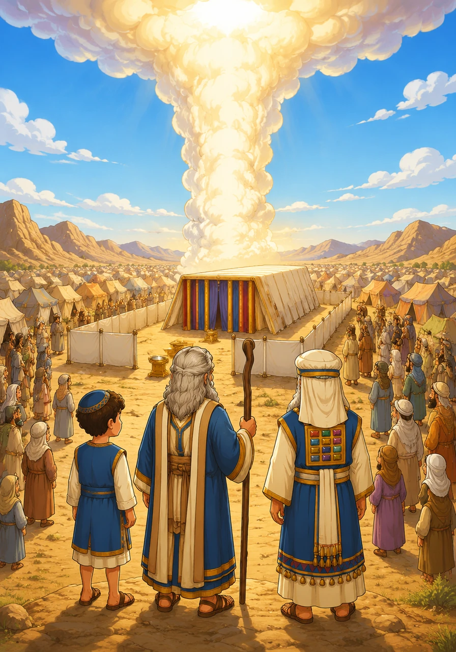 A magnificent pillar of cloud descends from the bright sky, resting gently above the Tabernacle to show that the Divine presence is near. The entire camp falls into a respectful silence, feeling a deep sense of peace and protection.