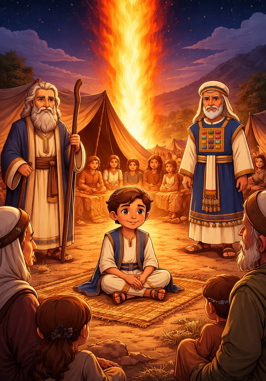 As the sun sets and the desert air turns cool, the pillar of cloud transforms into a glowing pillar of fire. Eliav sits by his family's tent, the warm orange light illuminating the faces of his friends and neighbors in the night.