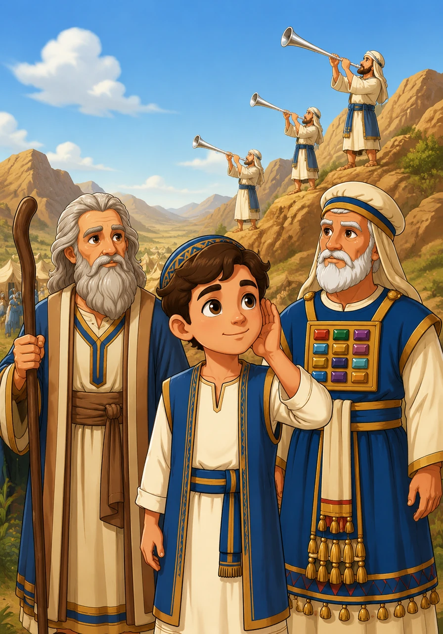 The clear, bright sound of silver trumpets echoes through the valley, signaling a time for the leaders to gather and plan. Eliav listens to the music, knowing that it calls them all to be ready for the next stage of their great journey.