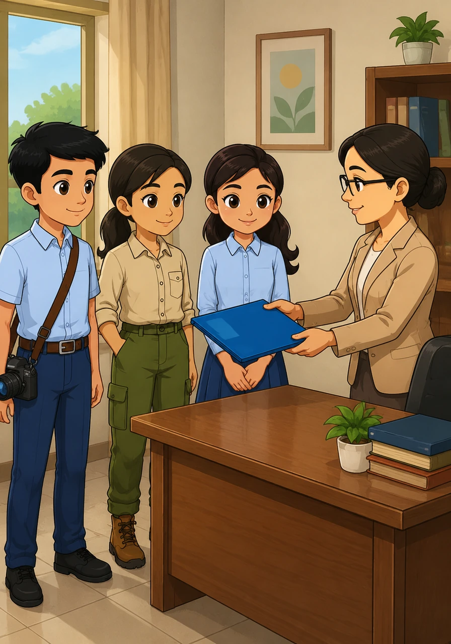 Lanang, Eny, dan Mariyati berdiri dengan penuh perhatian di depan meja Ibu Pembimbing yang tertata rapi. Beliau memberikan sebuah map berwarna biru berisi tugas penelitian penting yang harus mereka selesaikan bersama dalam satu minggu.