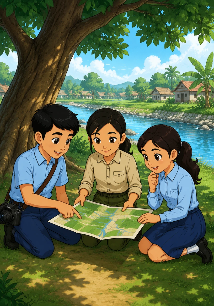Ketiga sahabat itu berkumpul di bawah pohon besar yang rindang di tepi sungai desa yang jernih. Mereka membuka map tersebut dan mulai berdiskusi dengan penuh semangat untuk membagi tugas masing-masing agar pekerjaan menjadi lebih ringan.