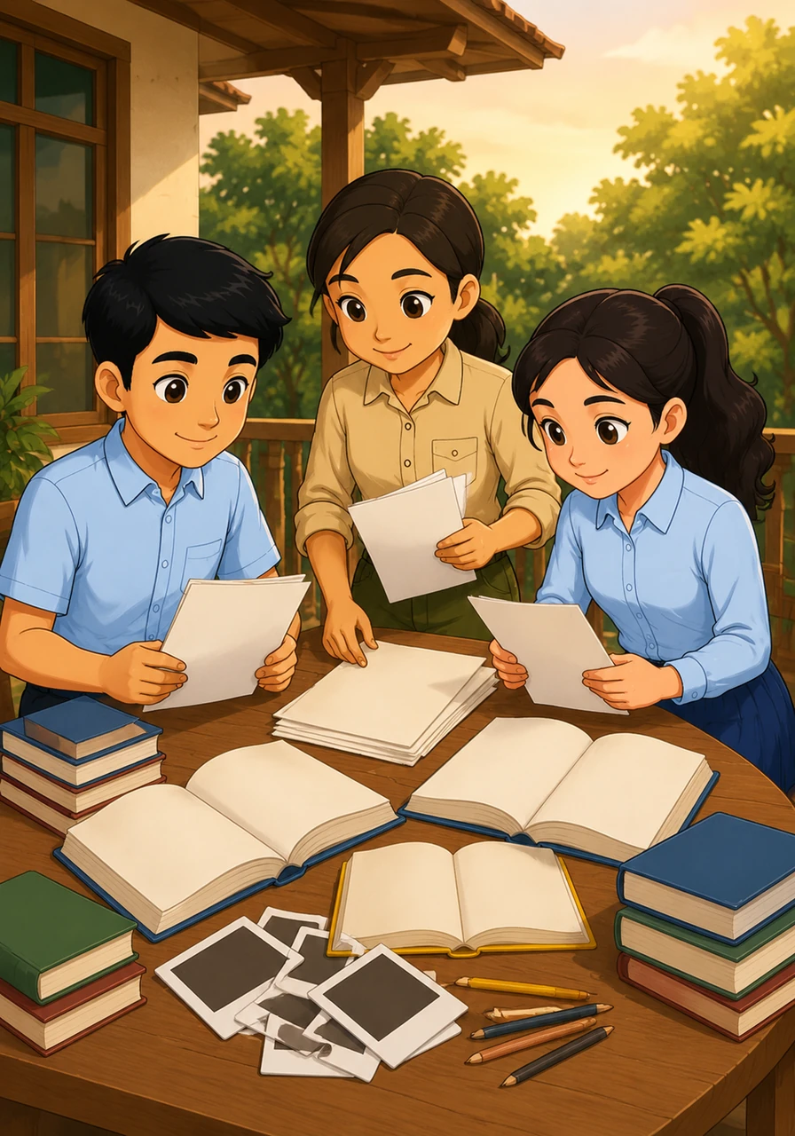 Sore harinya, mereka berkumpul di teras rumah Lanang yang sejuk dengan tumpukan buku referensi di atas meja. Mereka bekerja keras menyatukan hasil foto, gambar sketsa, dan catatan data ke dalam sebuah draf laporan yang rapi.