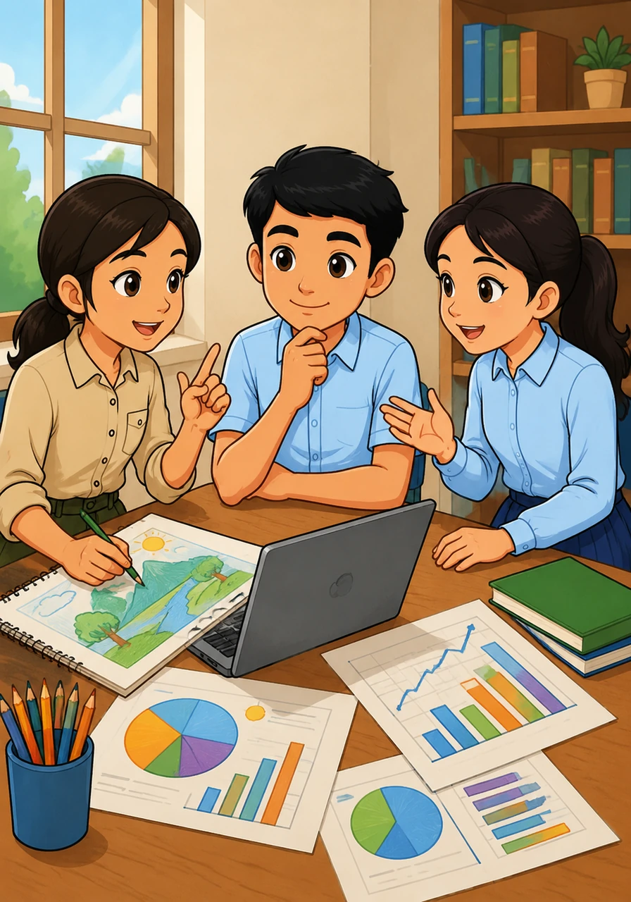 Sempat terjadi perbedaan pendapat tentang bagaimana cara menyusun presentasi agar terlihat menarik di depan kelas. Dengan bijak, Lanang mendengarkan ide Eny dan Mariyati, lalu mereka sepakat untuk menggabungkan kreativitas menggambar dengan data yang akurat.