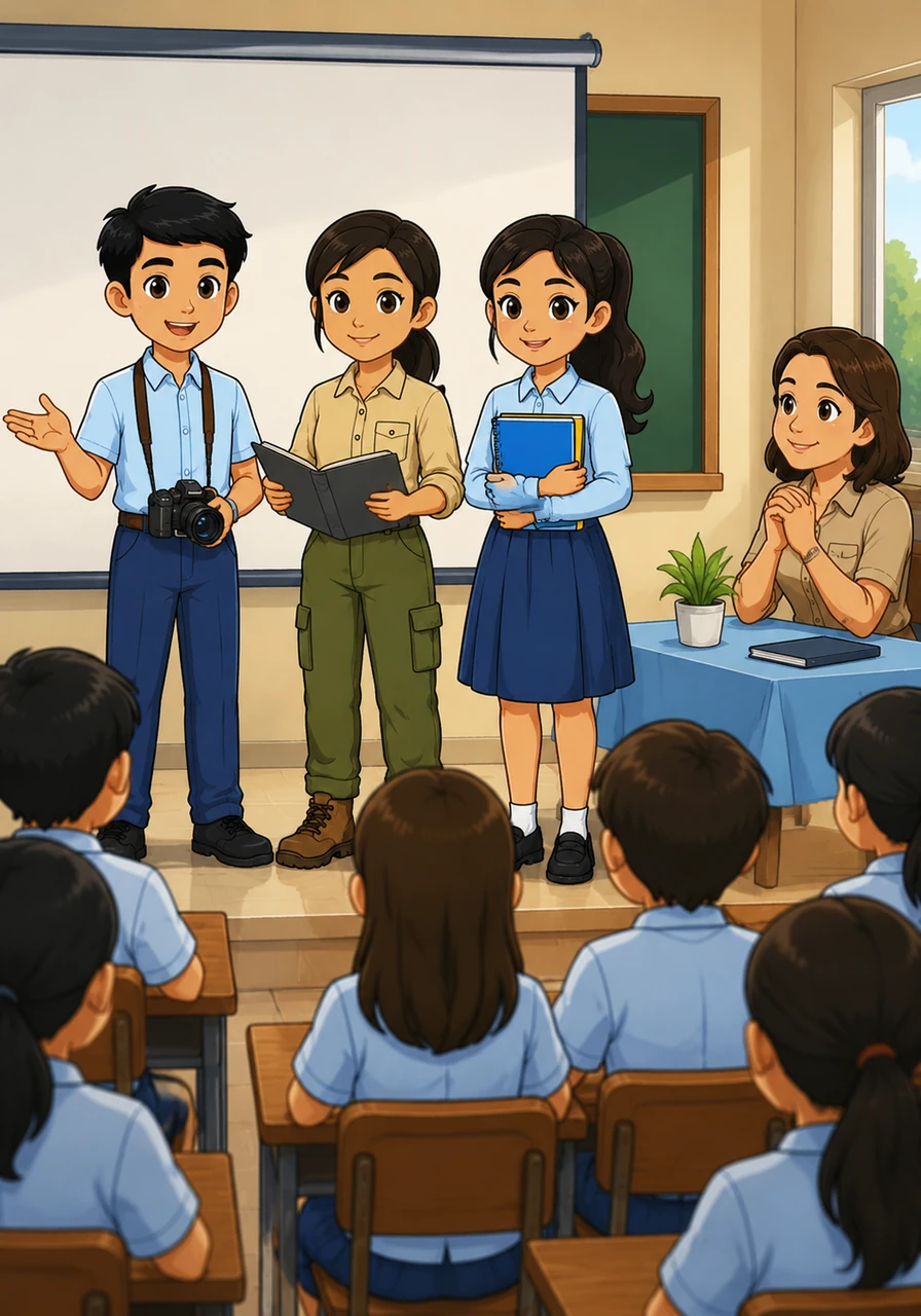 Keesokan harinya, di depan kelas yang penuh dengan teman-teman, Lanang, Eny, dan Mariyati mempresentasikan tugas mereka dengan sangat percaya diri. Ibu Pembimbing mengangguk-angguk bangga melihat kekompakan dan kedalaman materi yang mereka sajikan.