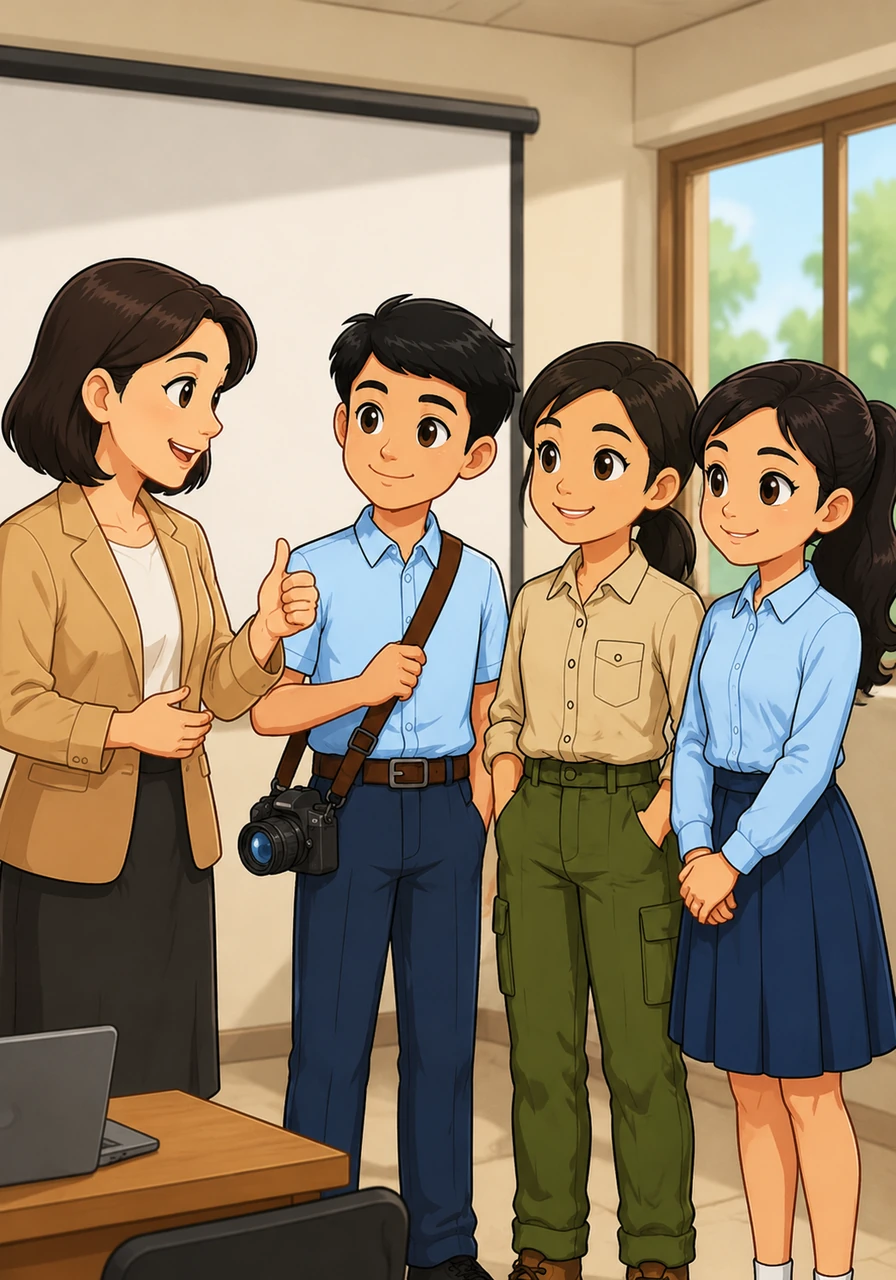 Setelah presentasi selesai, Ibu Pembimbing memberikan pujian atas kerja sama tim mereka yang luar biasa dan hasil tugas yang sangat memuaskan. Lanang, Eny, dan Mariyati saling berpandangan dan tersenyum, menyadari bahwa persahabatan mereka semakin erat berkat tugas ini.