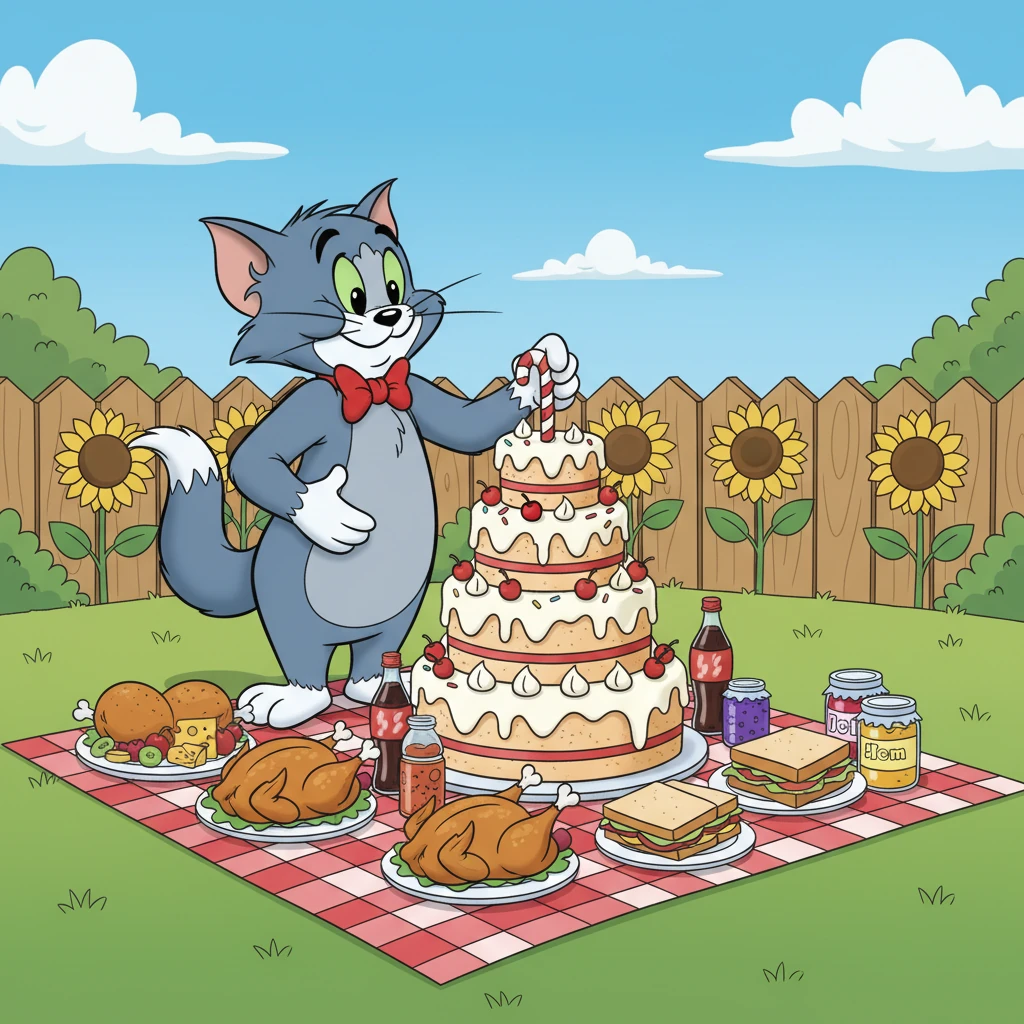 Tom, with a grand, proud smile, meticulously lays out a magnificent picnic spread in a sunny backyard, complete with a checkered blanket, a towering cake, and various delicious treats. He pats his stomach contentedly, anticipating a peaceful feast.